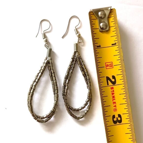 Seed Bead Silver Teardrop Earrings Silver Tone Summer Festival Dangle Sparkly. - Picture 2 of 14